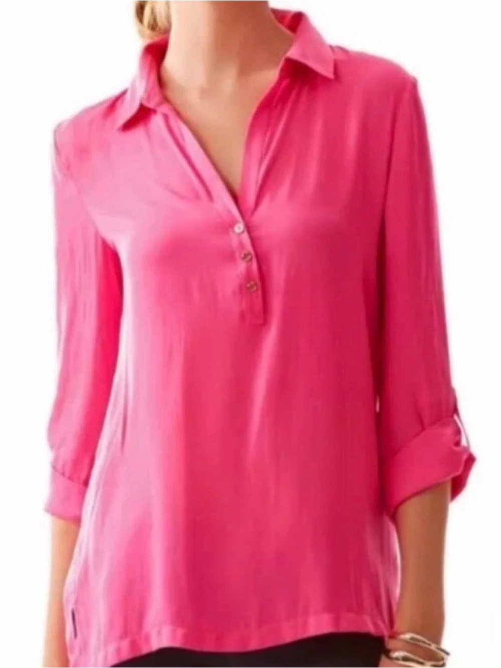 ⭐ 2/$20 Lilly Pulitzer Bright Pink V-Neck Roll-Sleeve Blouse